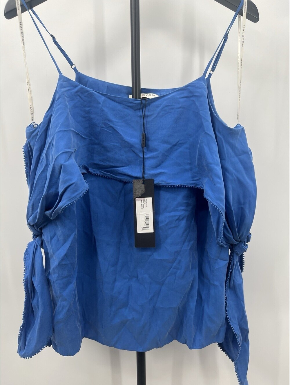 Halston Heritage Top Blue Cold Shoulder Tie Sleeve Pom Pom Cami L